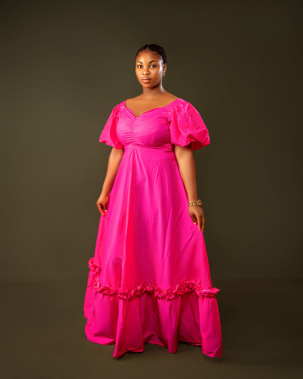 pink puff sleeve long dress Puff Sleeve Maxi Dress – Hot Pink Elegance Dress