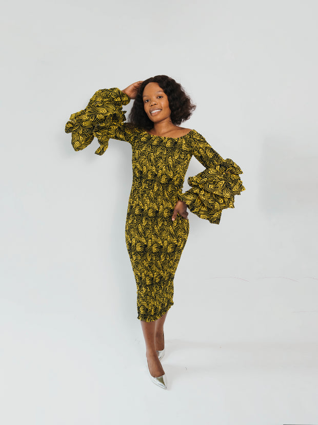 Black and yellow puffed sleeves Ankara Dress